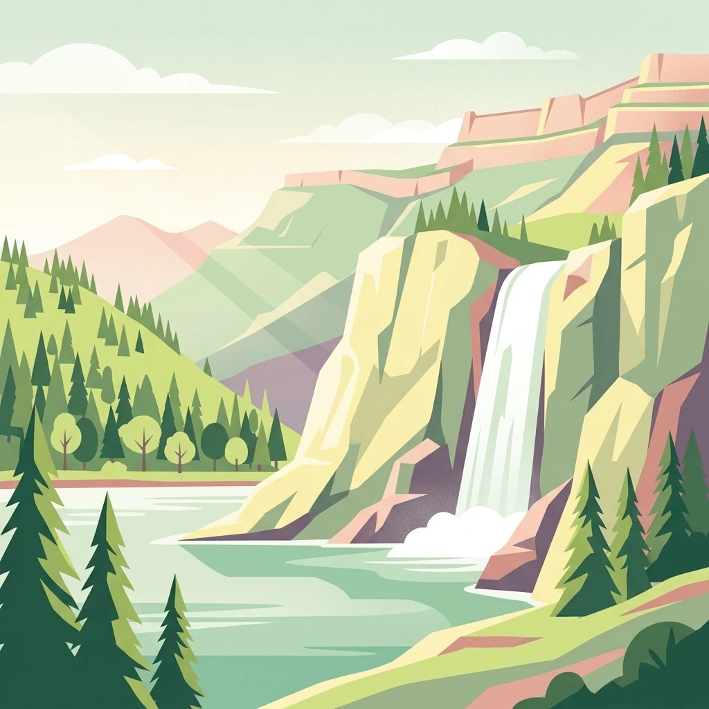 A stylized vector illustration of a waterfall cascading down rocky cliffs into a lake, surrounded by pine trees and distant mountains.