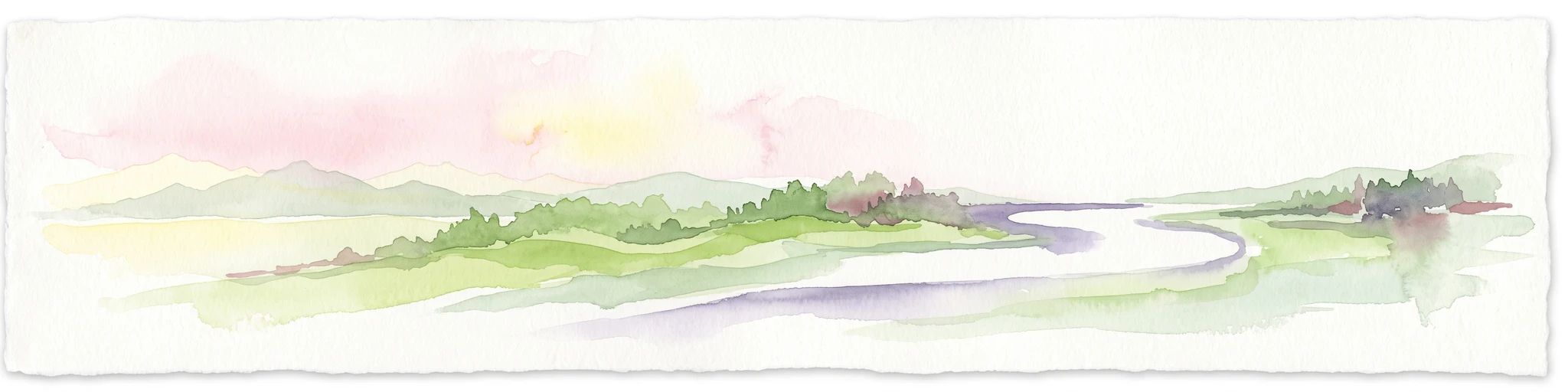 Ilustración en acuarela que muestra un río serpenteante fluyendo por un valle verde y frondoso con colinas lejanas bajo un cielo suave de tonos rosados y amarillos.