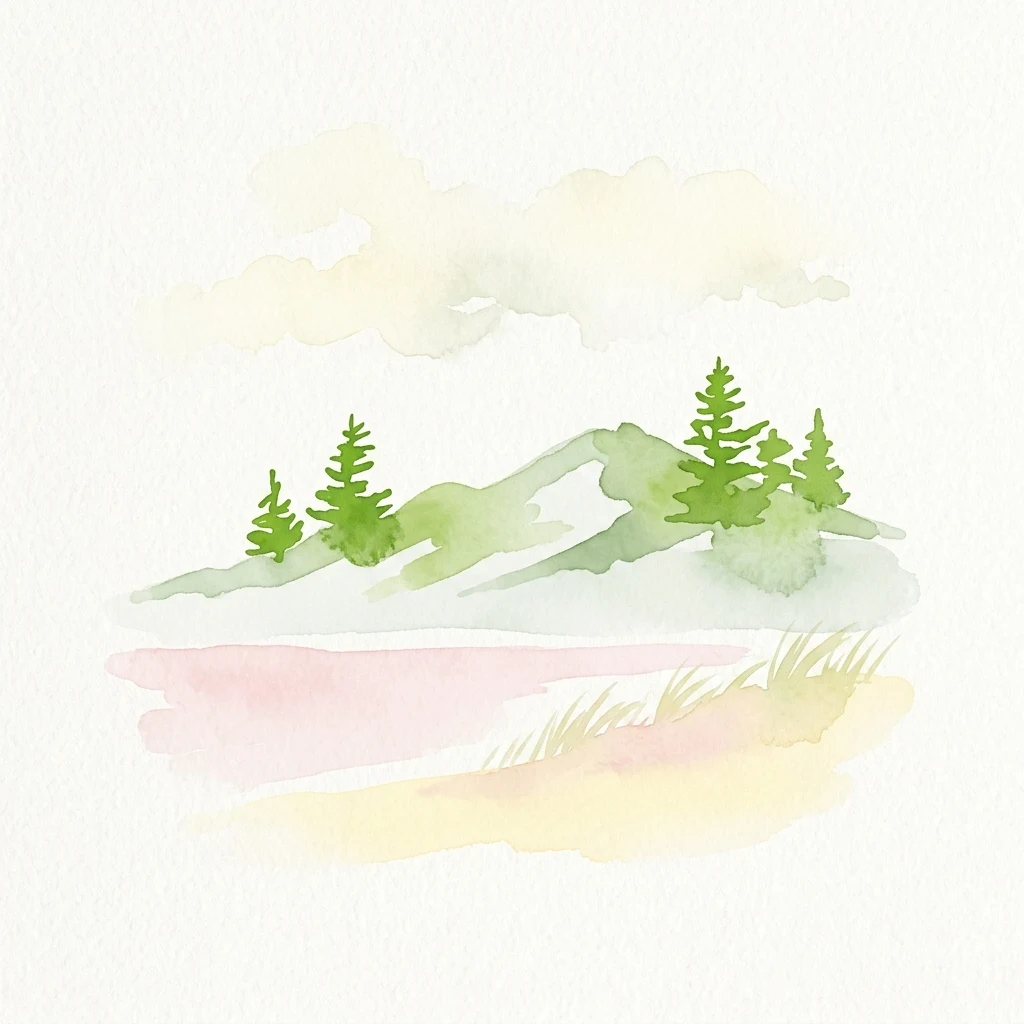 A minimalist watercolor illustration showing green pine trees on a green hill with a pink and yellow wash in the foreground against a white background.