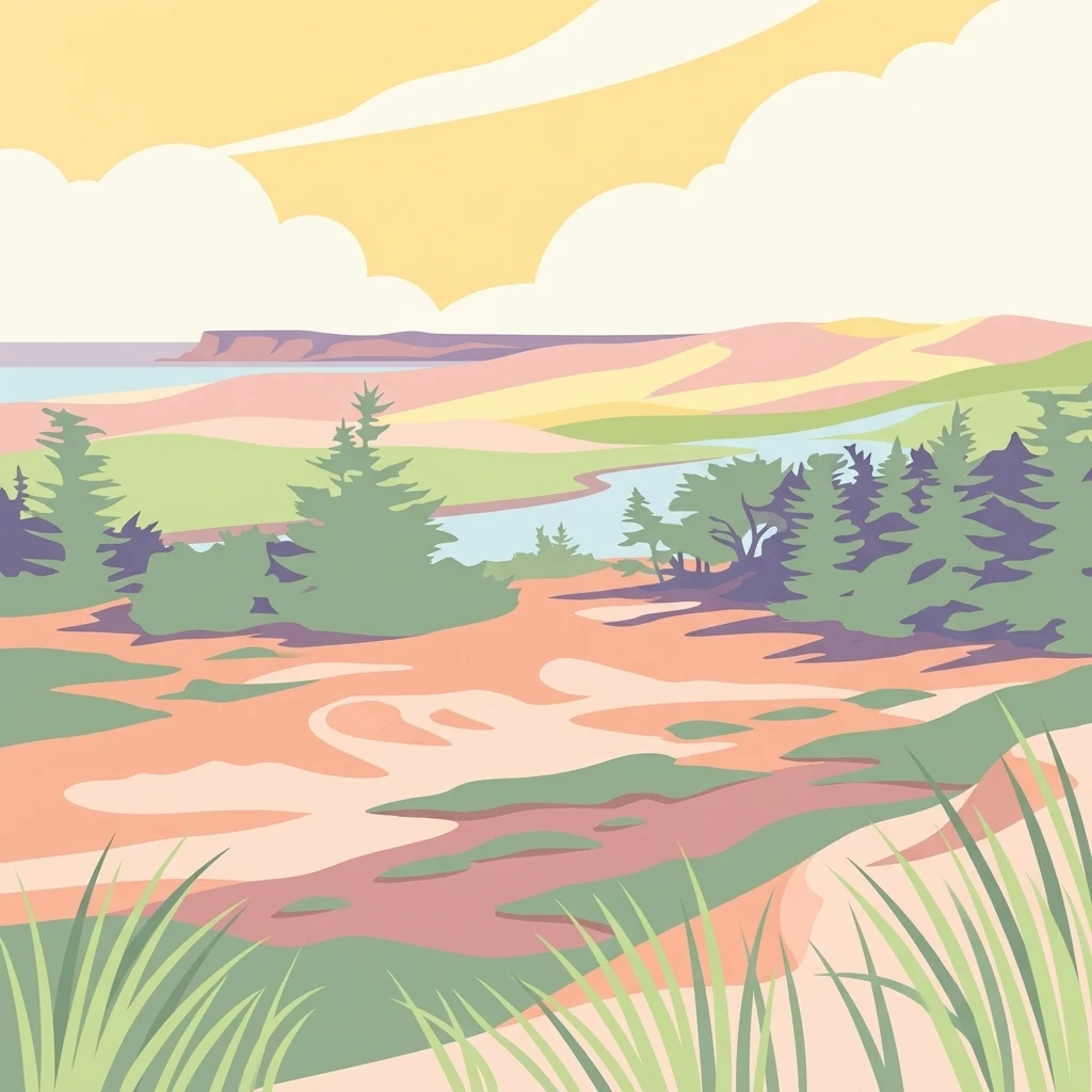 Una ilustración vectorial estilizada de un paisaje que incluye coníferas verdes, dunas cubiertas de hierba, un cuerpo de agua serpenteante y colinas distantes bajo un cielo nublado.