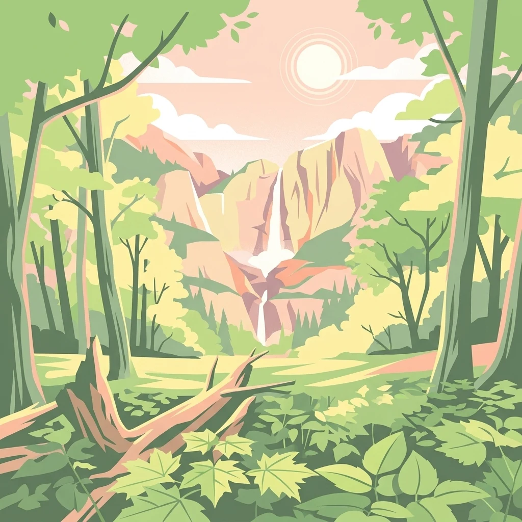 An illustration in a flat design style showing a lush green forest foreground with a fallen log, looking out toward distant rocky mountain cliffs and a cascading waterfall under a bright sky.
