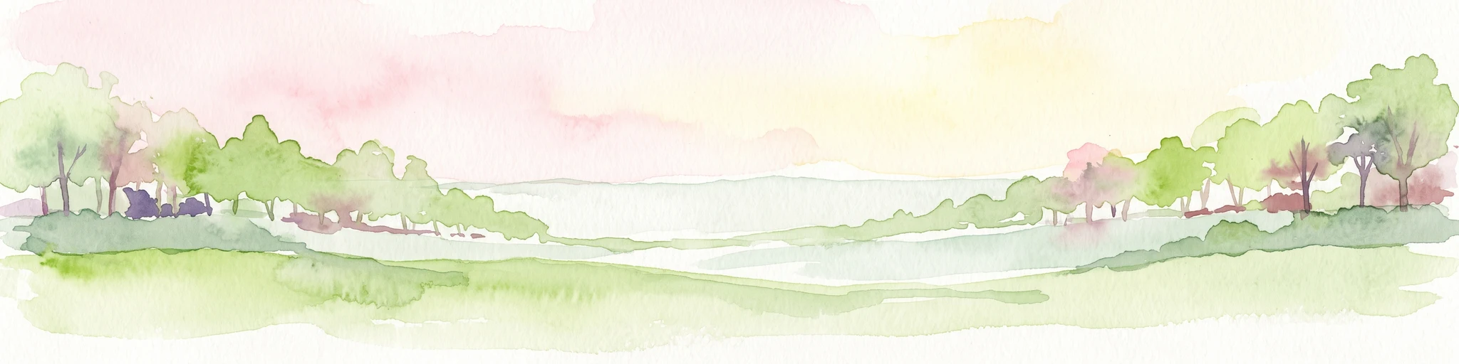 A soft watercolor illustration depicting a green, open floodplain with rows of trees under a pale, gentle sky.