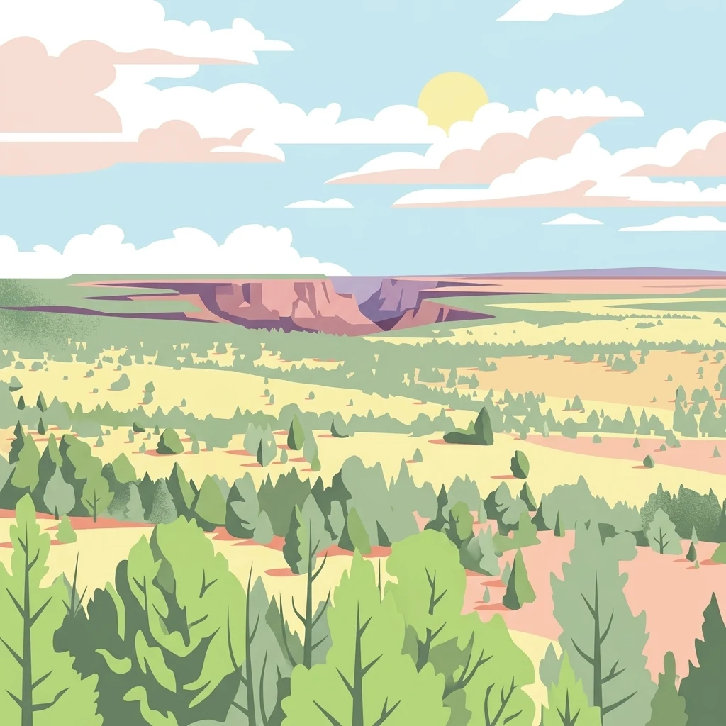 A stylized illustration of a canyon landscape with sagebrush, sparse pine trees, and flat desert plateaus under a bright sky with soft clouds.
