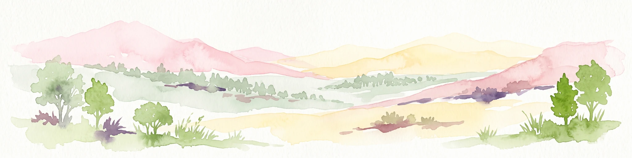 Pintura a la acuarela que representa una vista panorámica de colinas onduladas en suaves tonos pastel de rosa, amarillo y verde, con árboles dispersos en primer plano.