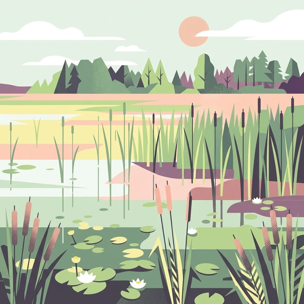 A flat-style digital illustration of a wetland landscape featuring tall reeds, cattails, and water lilies in the foreground, with a distant treeline under a pale sun.