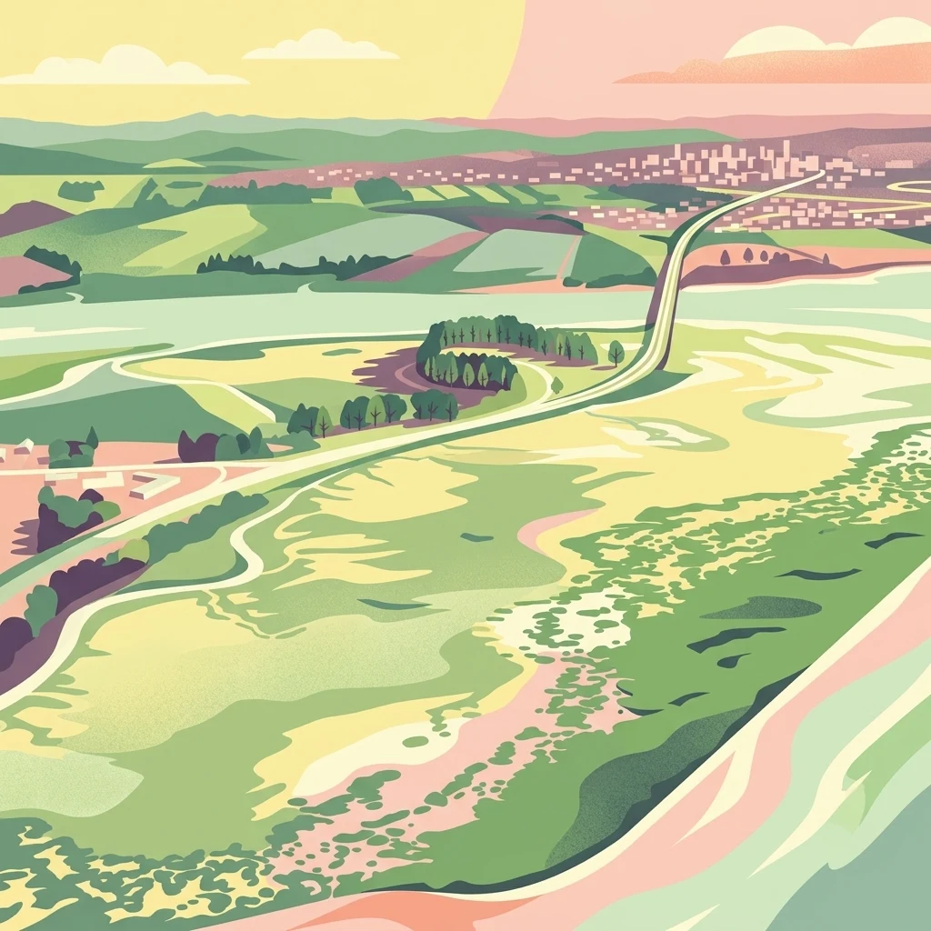 Una ilustración que representa una zona costera verde con una autopista que la atraviesa, que transiciona hacia un pueblo lejano bajo un cielo al atardecer.