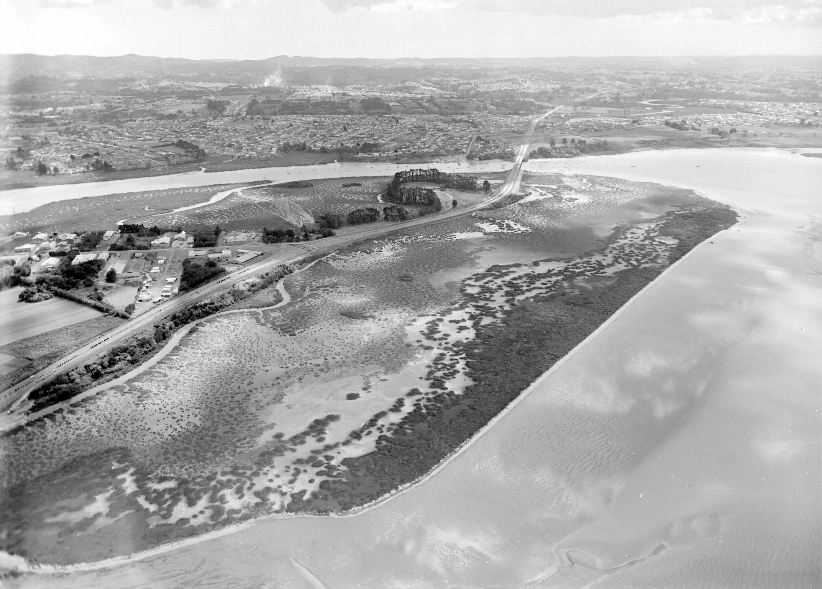 Una fotografía aérea en blanco y negro que muestra una pequeña isla con vegetación pantanosa dividida por una carretera elevada, rodeada de aguas mareales.