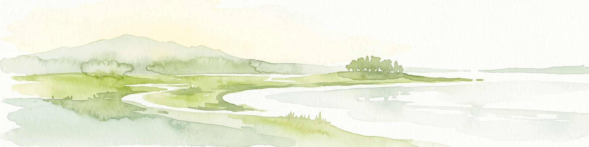 A pale, minimalist watercolor painting showing a grassy island or shoreline with a small cluster of trees, set against a quiet body of water and soft, distant rolling hills.