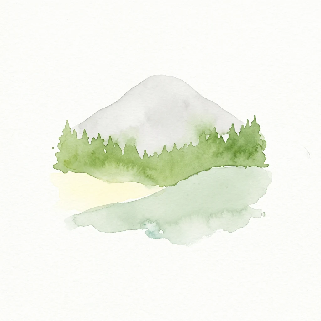 Pico montañoso con laderas boscosas y un río que atraviesa un prado