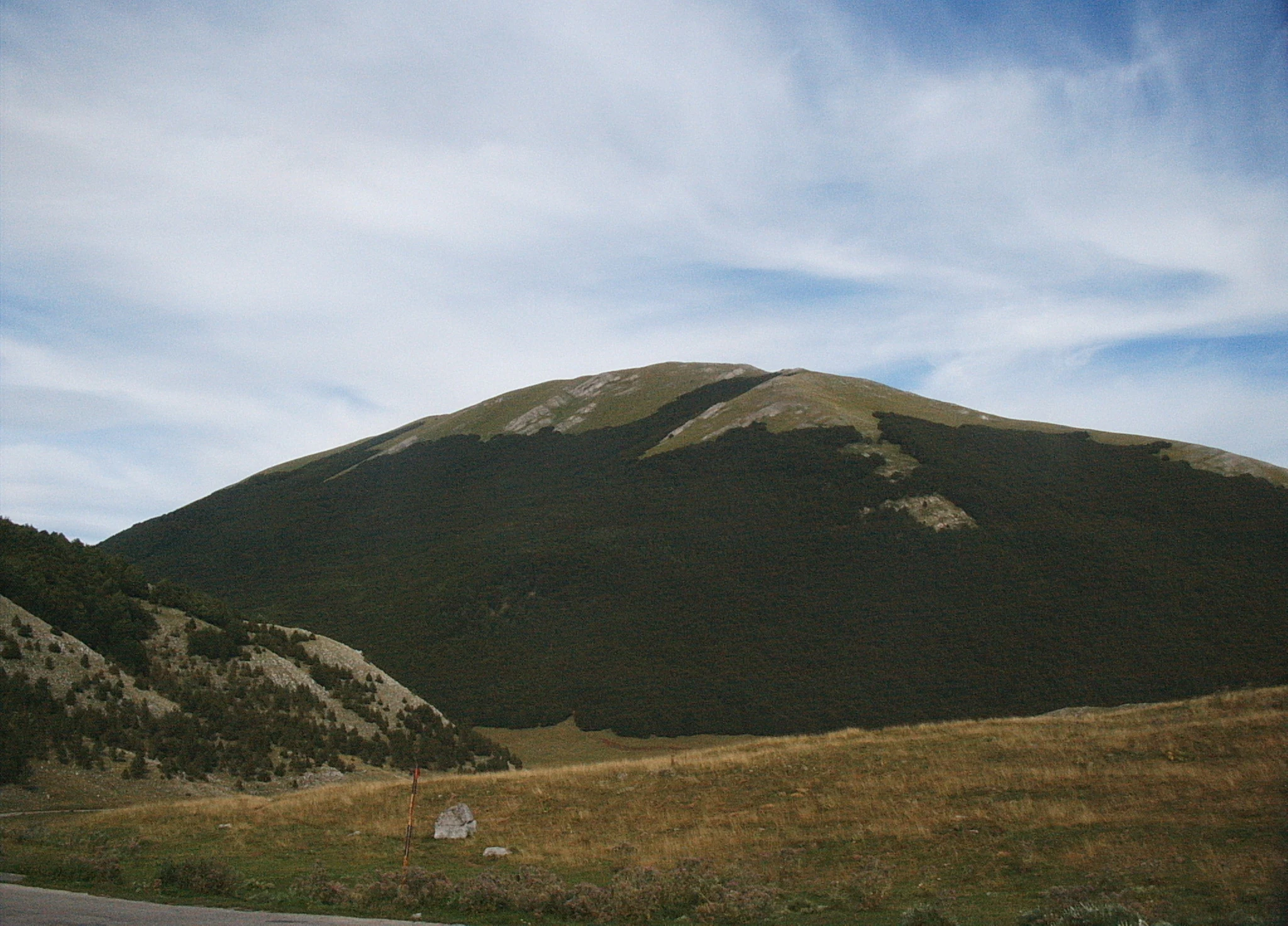 Mountain range with grassy field in foreground under partly cloudy sky