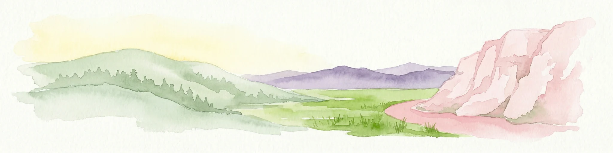 Ilustración de acuarela que muestra colinas verdes, un valle y formaciones rocosas rosadas bajo un cielo pálido