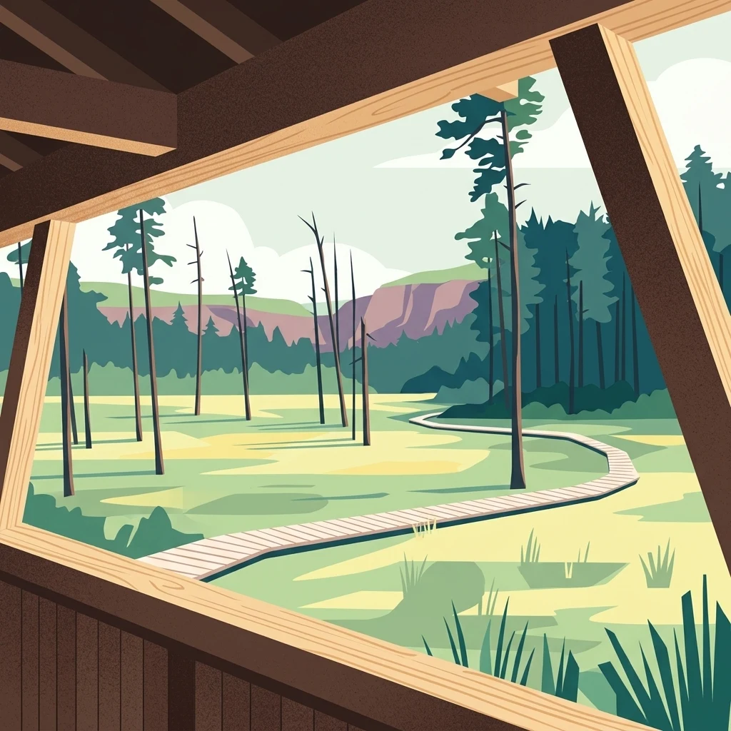 Ilustración digital de estilo plano que muestra una vista desde el interior de un refugio de madera hacia un paisaje con una pasarela serpenteante, pinos dispersos y un horizonte boscoso.