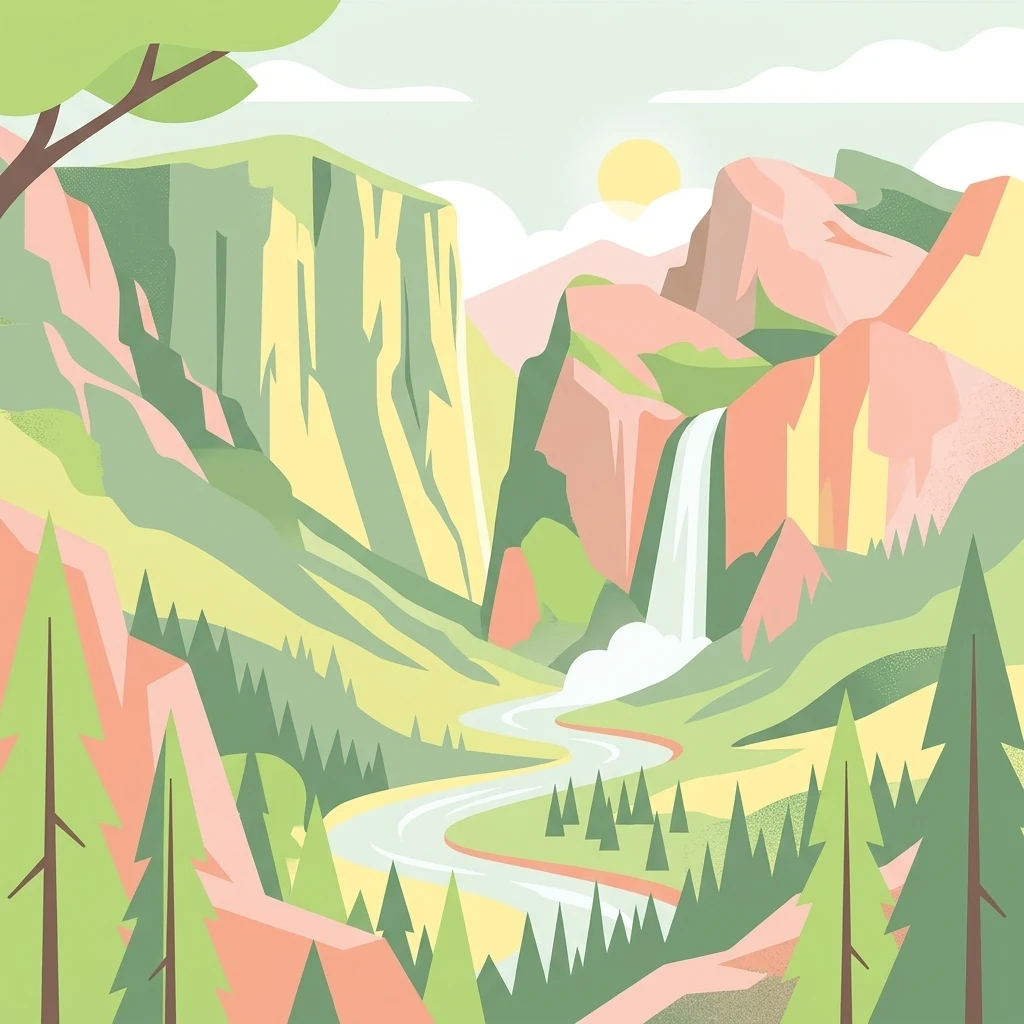 An illustration of a deep mountain valley with steep rock walls, a cascading waterfall, and a winding river surrounded by coniferous trees under a soft sun.