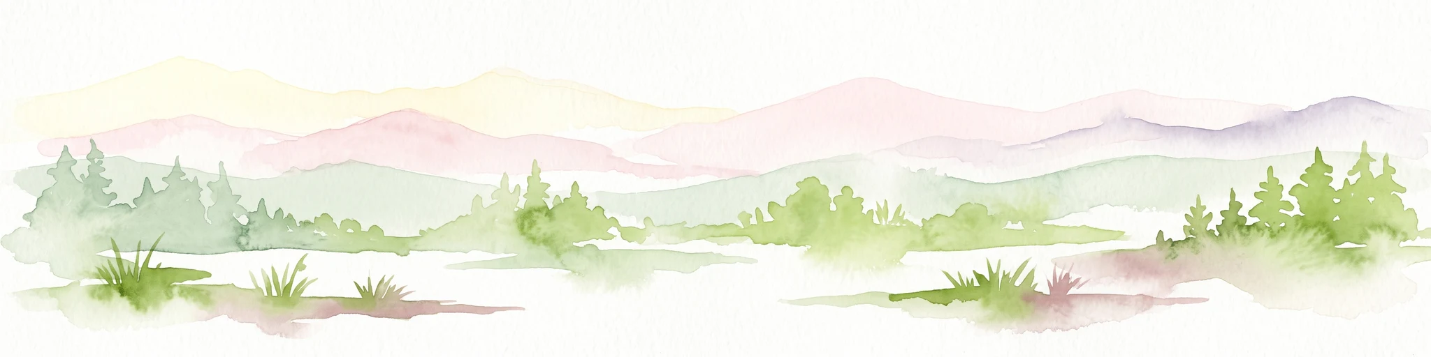 A watercolor painting showing soft rolling hills and green pine trees against a light sky.