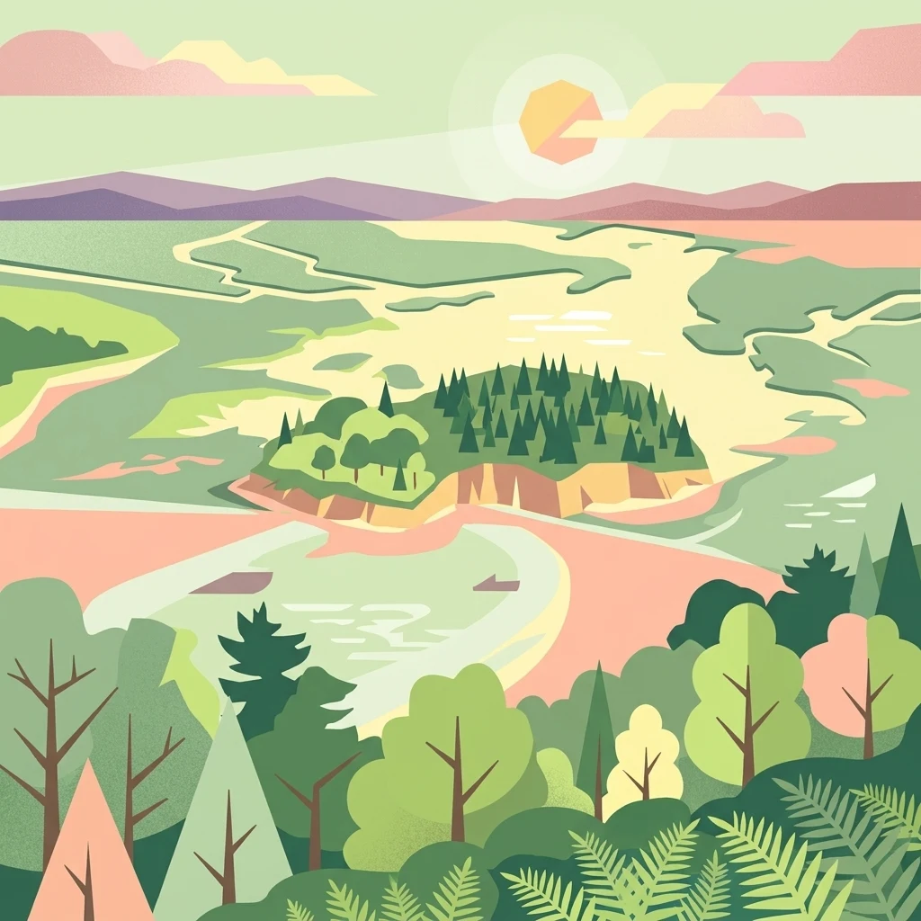 A flat-design vector illustration of a coastal estuary landscape with a forested island in the center, winding channels of water, and surrounding woodlands with ferns in the foreground, under a pale sun.