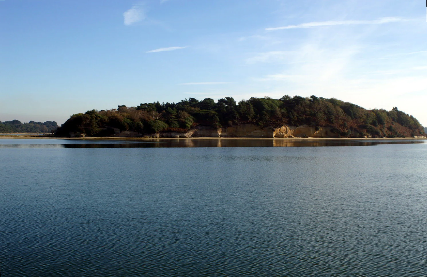 A low, tree-covered island sits in the middle of calm harbor water under a clear blue sky, with visible sandy banks along the waterline.