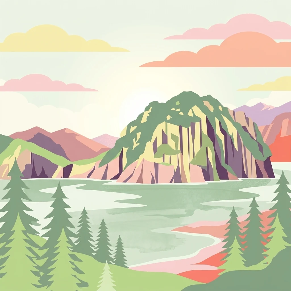 A stylized flat vector illustration of an island surrounded by water with pine trees in the foreground.