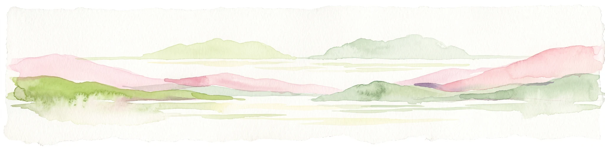 A pale, minimalist watercolor painting depicting soft green and pink hilly island silhouettes rising from a calm, white-toned sea.