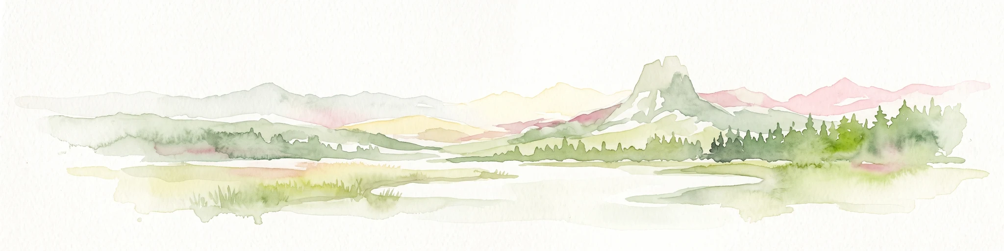 A pale, wide watercolor landscape illustration depicting mountain peaks above a line of evergreen trees and a flat foreground.