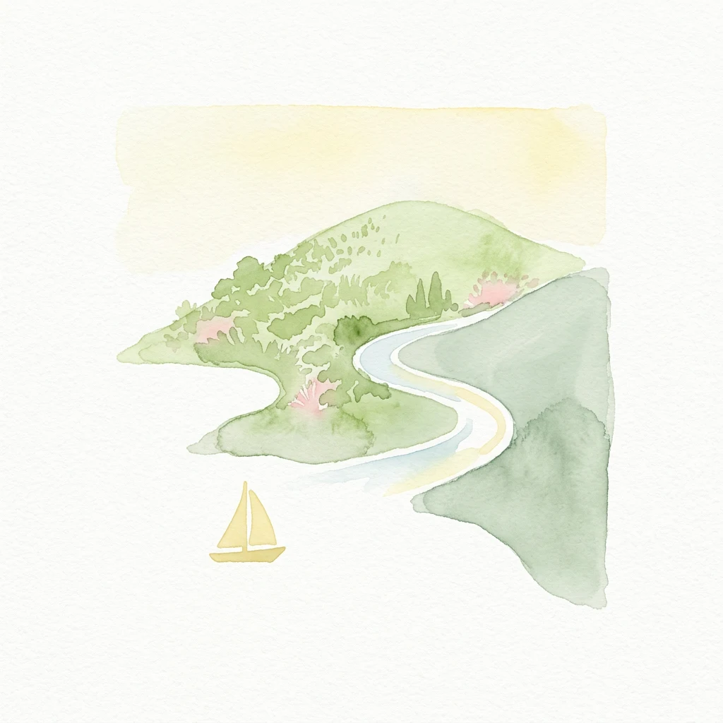Watercolor illustration showing a coastal landscape with hills, a winding river, and a sailboat on calm waters