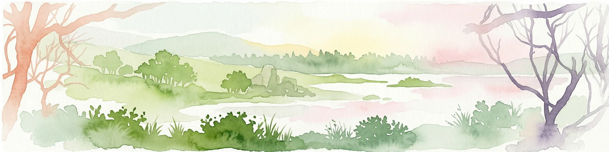 Pintura de acuarela de un paisaje con árboles, colinas y una masa de agua