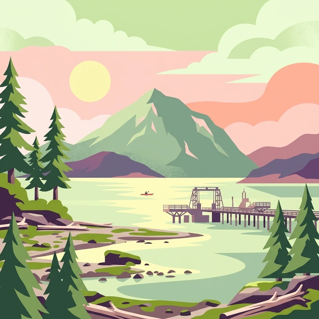 Una ilustración vectorial plana de Porteau Cove en la Columbia Británica, con un muelle de madera que se adentra en las aguas tranquilas de Howe Sound, con terreno montañoso en la distancia y pinos en primer plano.