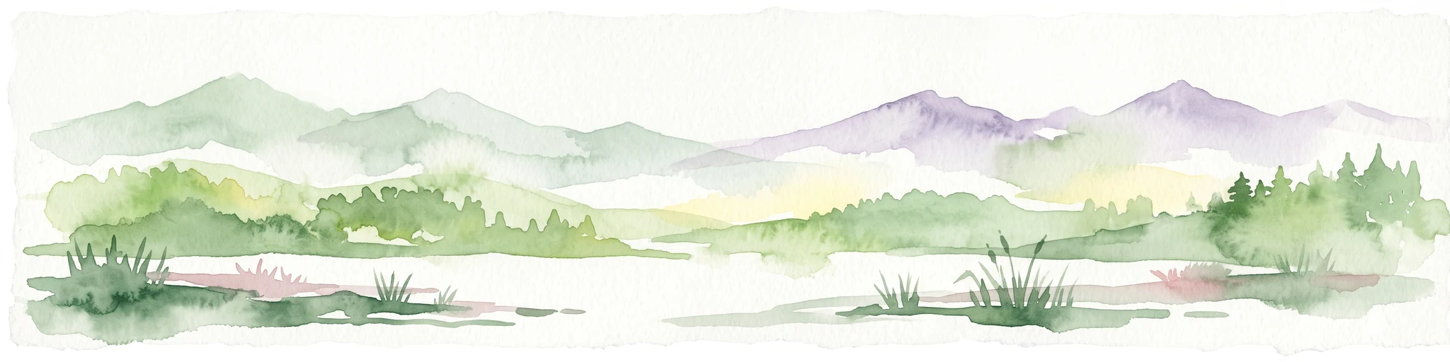 Una ilustración horizontal en acuarela que representa suaves colinas verdes onduladas y montañas púrpuras distantes sobre una costa plana con parches de hierbas de marisma.