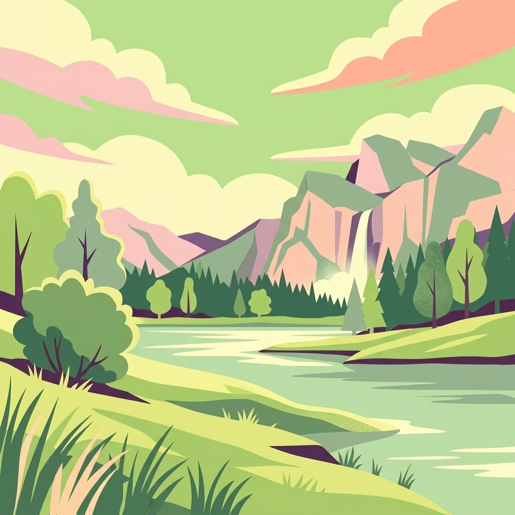 A digital illustration showing a tranquil landscape with a grassy foreground, a calm river or pond, a line of pine trees, and jagged mountains with a waterfall under a pastel-colored sky.