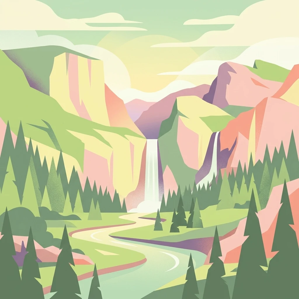 Una ilustración digital de estilo plano de un valle de montaña con cascadas, árboles de hoja perenne y un río que fluye por el centro.
