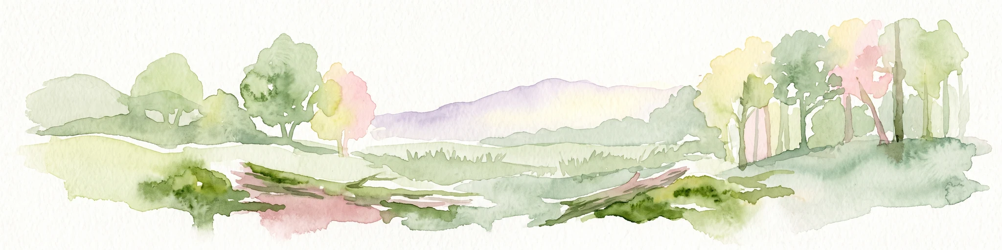 A horizontal watercolor painting showing a soft, impressionistic landscape with trees on both sides and a gentle rolling hill in the background.