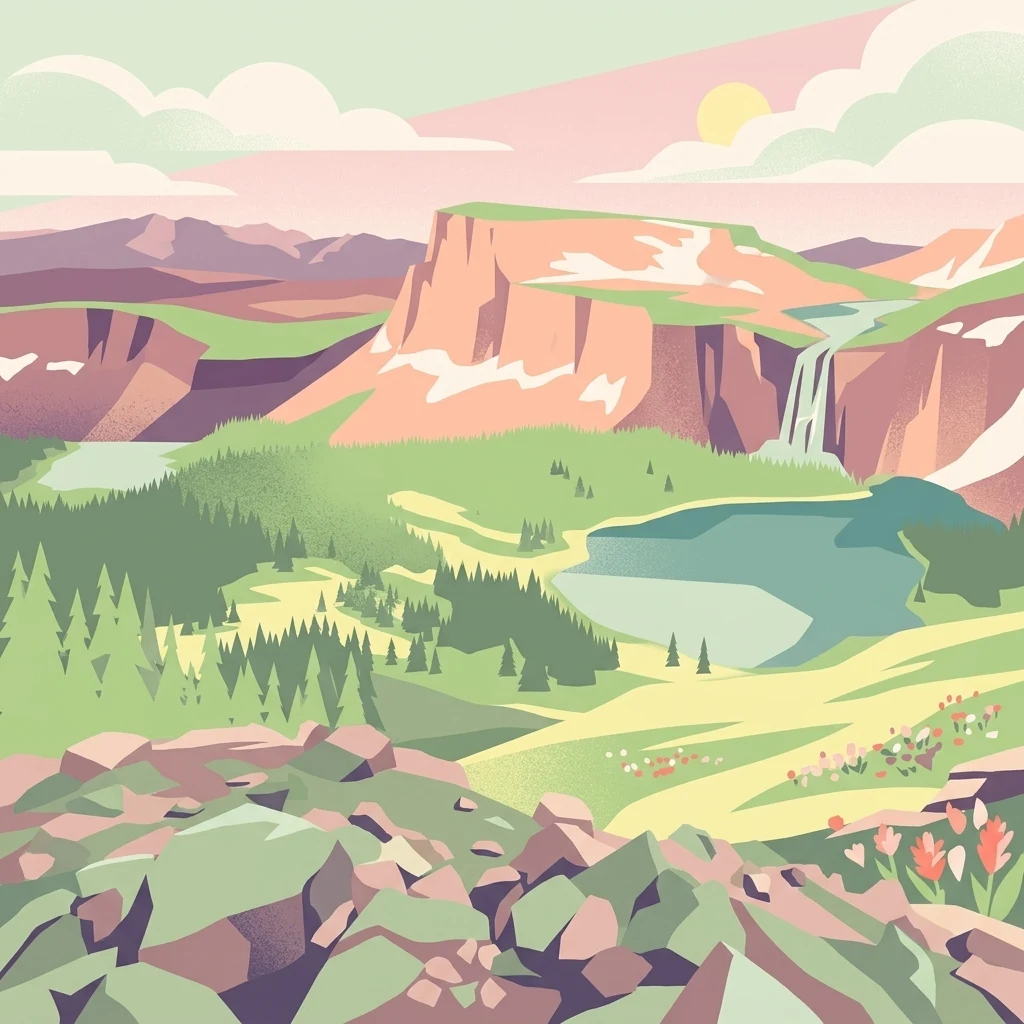 Una ilustración digital de un paisaje montañoso con un acantilado prominente, una cascada que fluye hacia un lago, bosque alpino y un primer plano de tundra rocosa y flores silvestres.