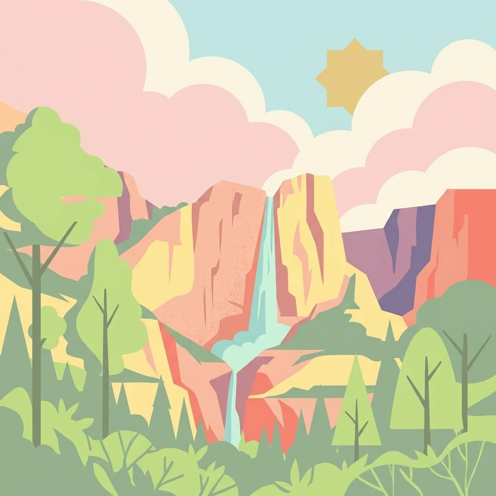 Una ilustración digital colorida que muestra una alta cascada que desciende entre acantilados rocosos irregulares y estilizados, enmarcada por árboles en primer plano y nubes esponjosas con tonos rosados contra un cielo azul claro con un sol.