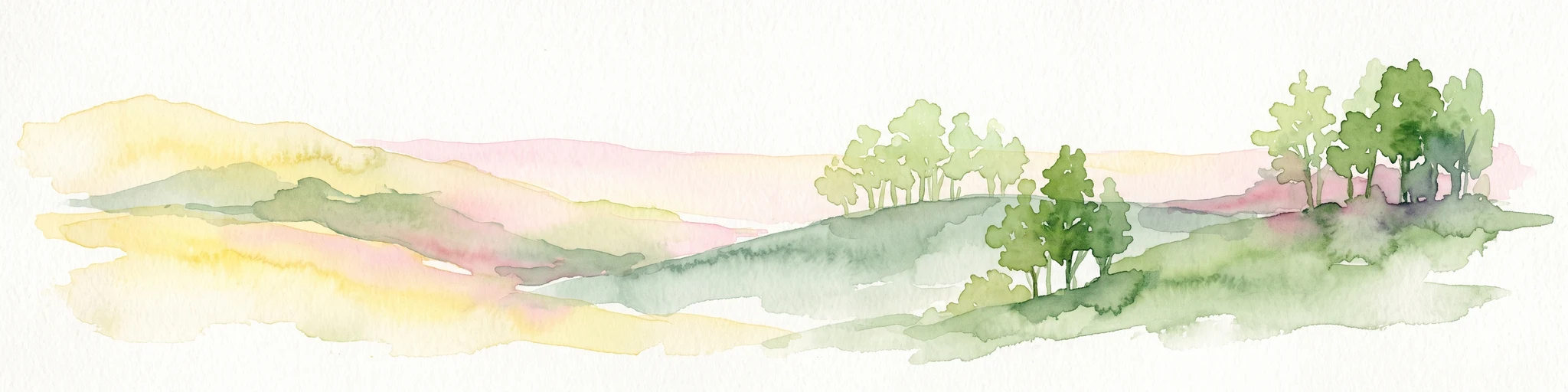 Una ilustración horizontal en acuarela que representa suaves colinas onduladas en tonos de verde, amarillo y rosa claro con pequeños grupos de árboles.