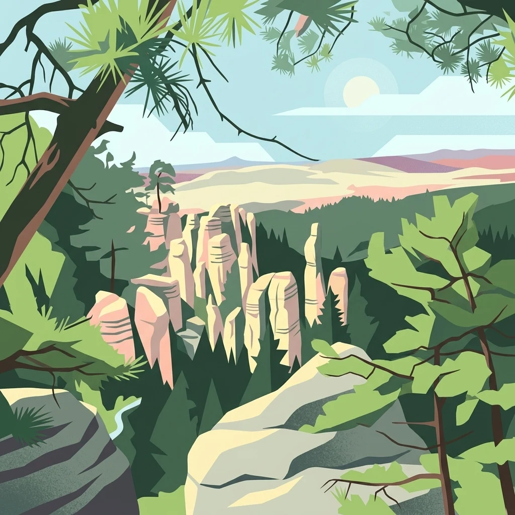 A stylized digital illustration of vertical sandstone rock formations rising through a dense forest, framed by pine branches in the foreground under a pale blue sky.