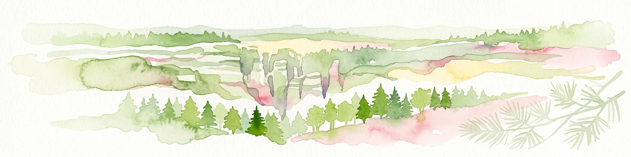 Watercolor illustration of sandstone rock towers and coniferous trees in a landscape setting with a light color palette.