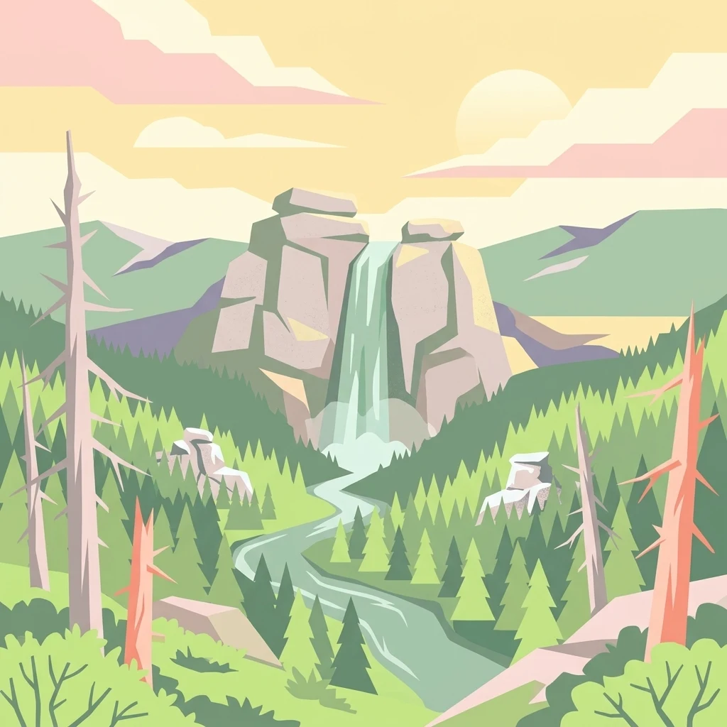 A flat vector-style illustration featuring a central waterfall flowing between two large rock cliffs, surrounded by a coniferous forest, dead trees, and rolling hills at sunset.