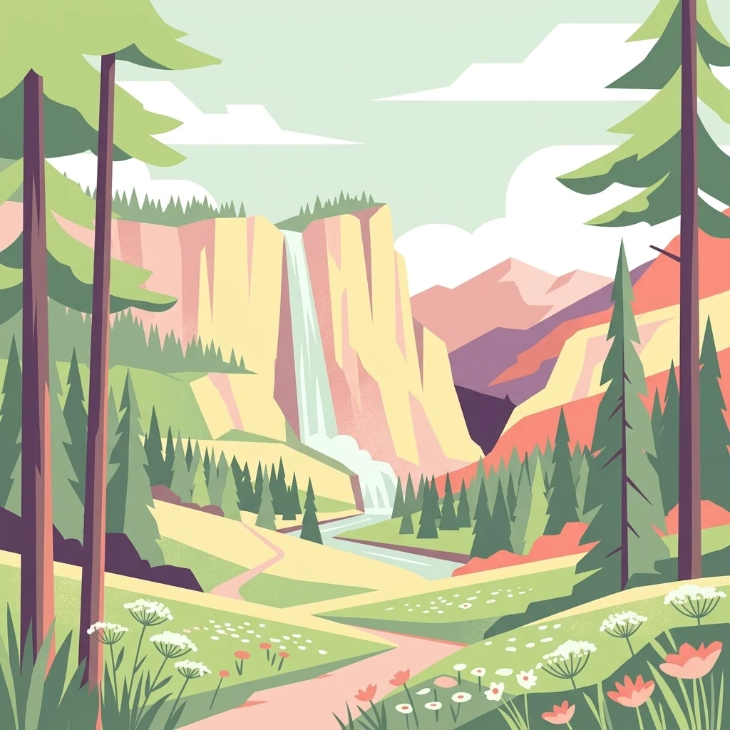 Digital illustration of a scenic mountain landscape featuring a waterfall cascading down a cliff face into a river, surrounded by pine forests and a foreground meadow with wildflowers and a dirt path.