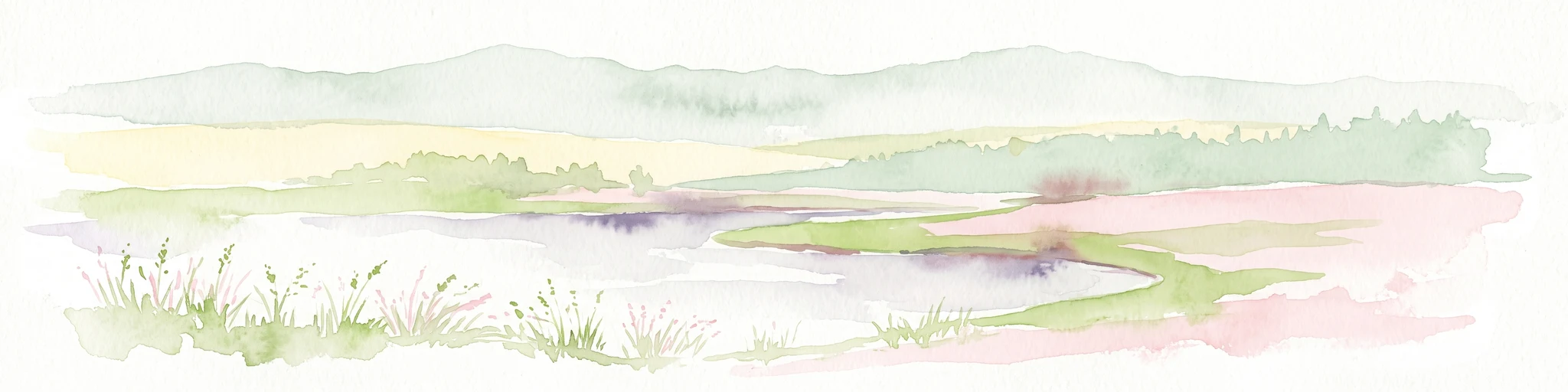 A horizontal watercolor painting showing a soft, atmospheric landscape with a marshy pool in the foreground, grassy plains in the midground, and rolling mountains in the distance.