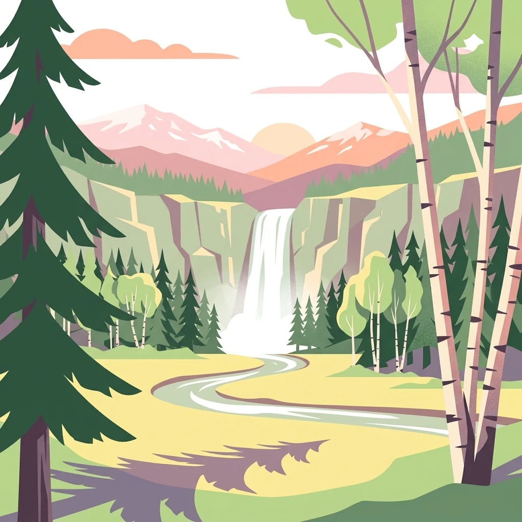 Vector illustration featuring a winding river flowing through a valley toward a tall waterfall, framed by stylized pine and birch trees with mountains in the background under a soft sun.