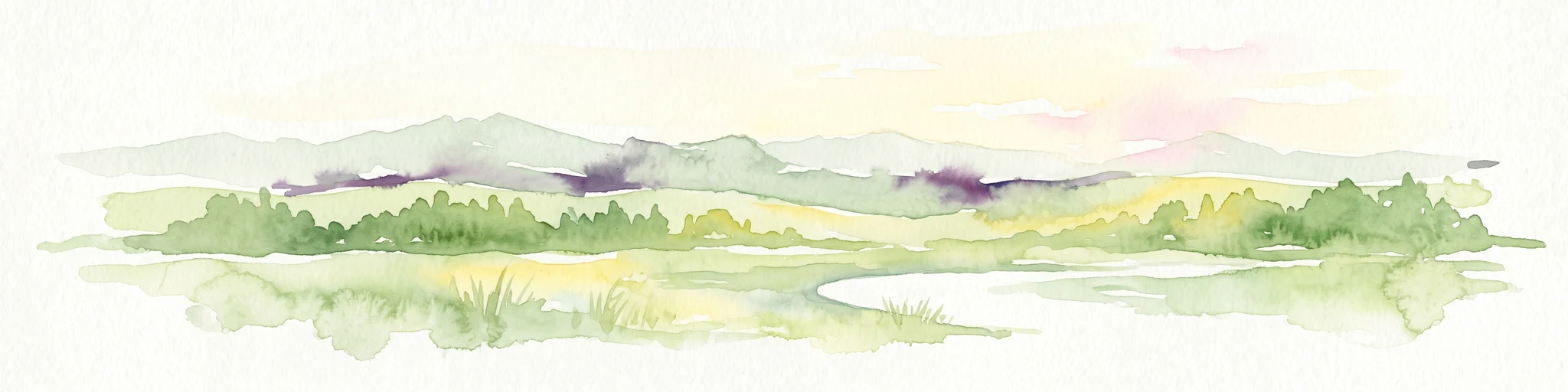 A soft, impressionistic watercolor painting depicting a wide, marshy landscape with green fields, low hills in the distance, and a small meandering stream.