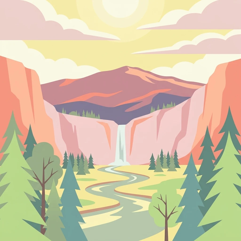 Una ilustración vectorial estilizada de diseño plano de un frondoso valle de montaña con un río serpenteante, una cascada central que cae desde altos acantilados y árboles de hoja perenne en primer plano y en el plano medio.