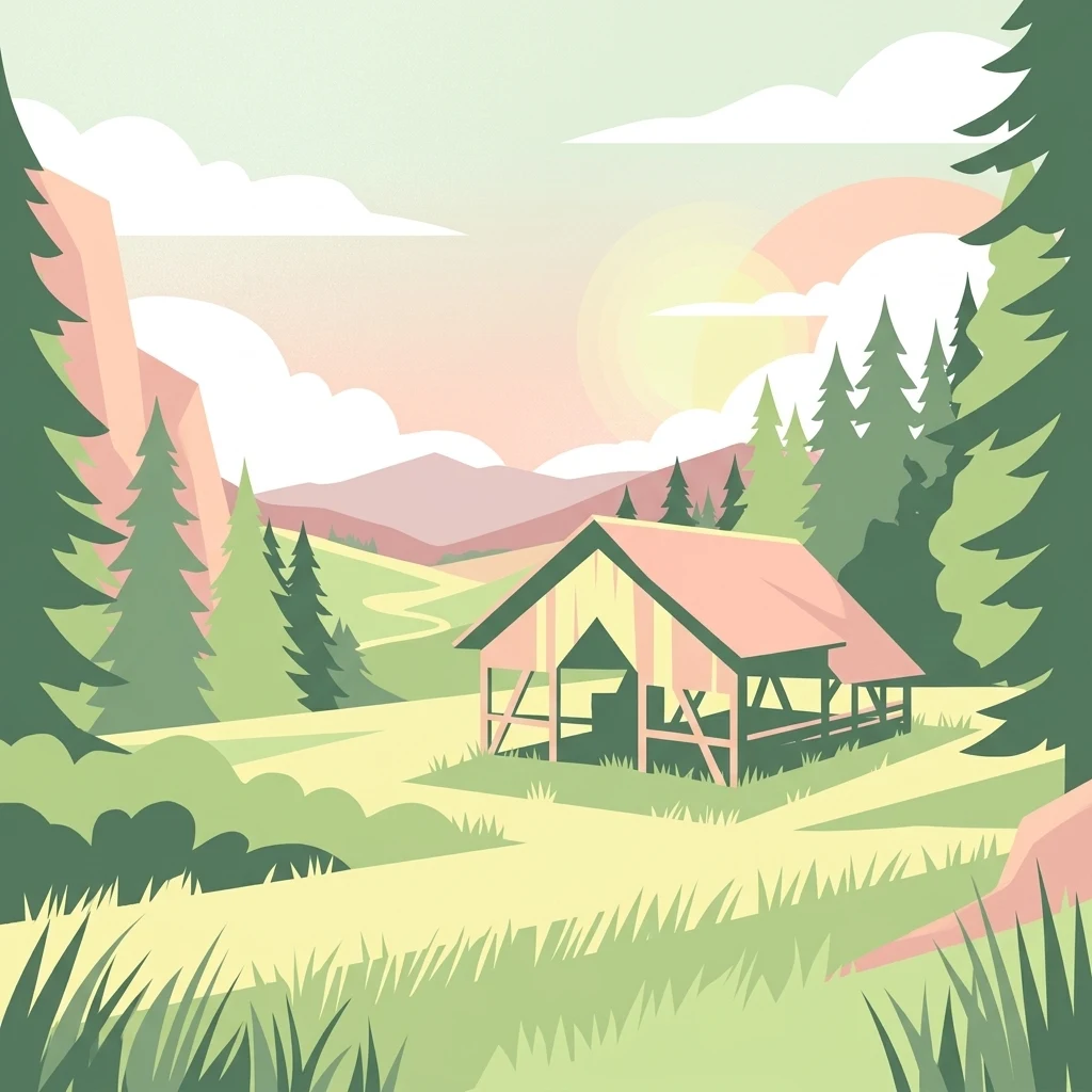 A flat-style vector illustration showing a small wooden shelter in a grassy clearing with coniferous trees, mountains, and a soft sunset sky.