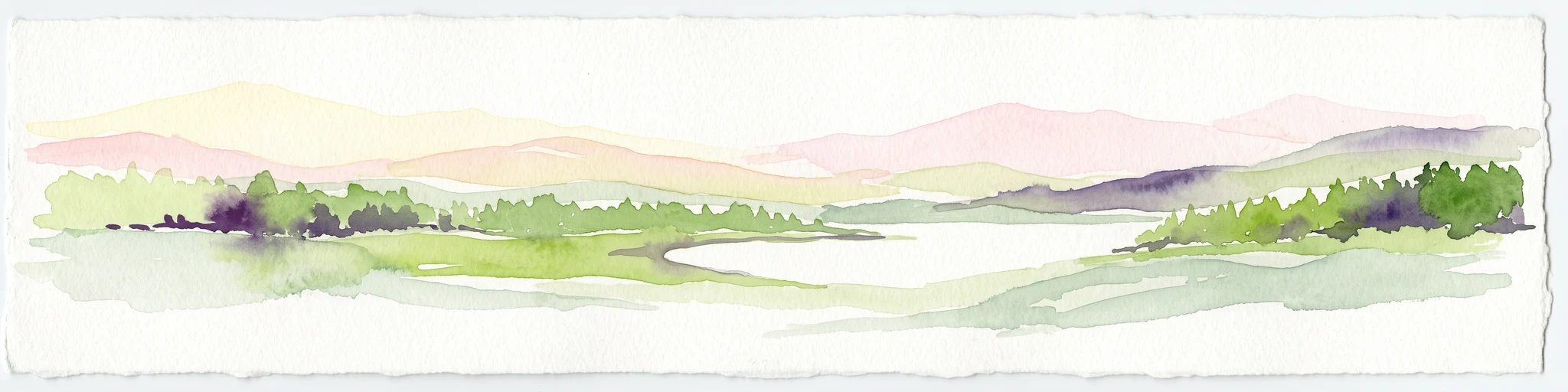 Una pintura en acuarela que muestra una vista panorámica de una zona de humedales verdes con árboles, hierba y colinas onduladas al fondo.
