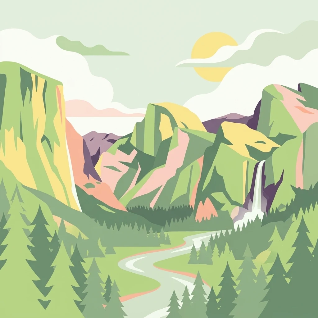 Una ilustración gráfica de un valle de montaña con un río, una cascada y árboles de hoja perenne bajo un sol estilizado.