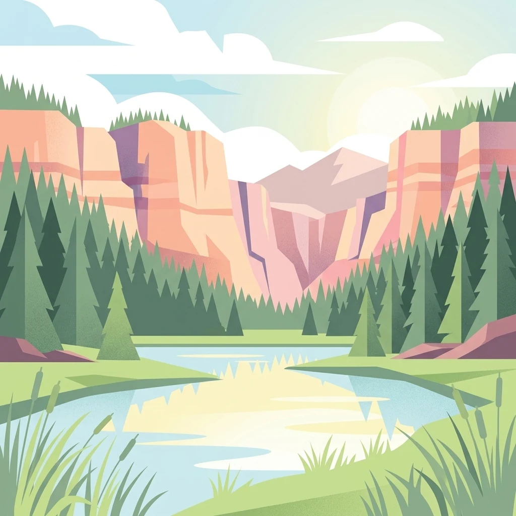 A flat vector illustration showing a calm lake in the foreground with tall reeds, surrounded by a dense coniferous forest and high, layered canyon cliffs under a soft, bright sky.