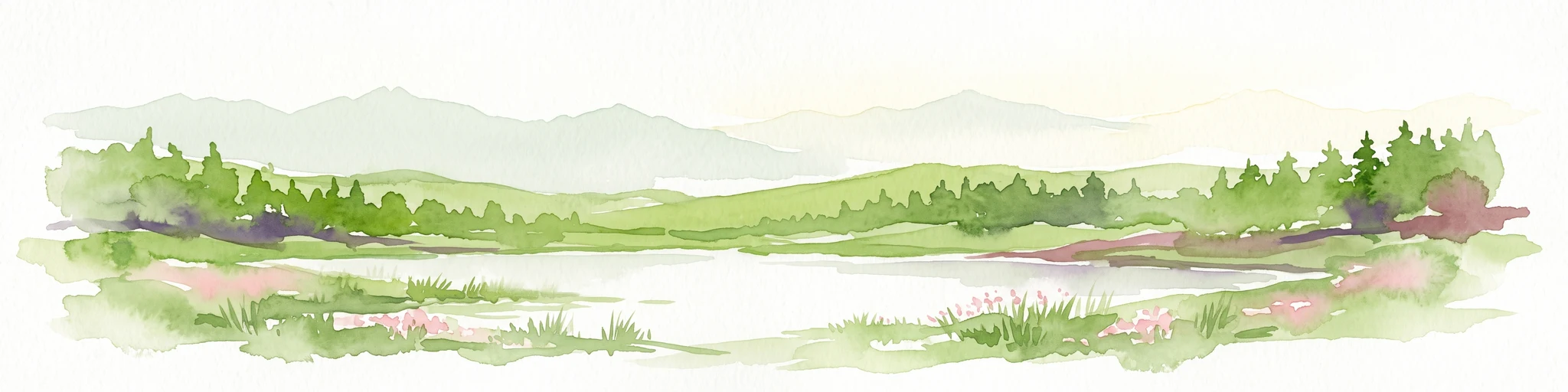 Watercolor painting of a calm lake surrounded by green forests and distant mountain ridges.