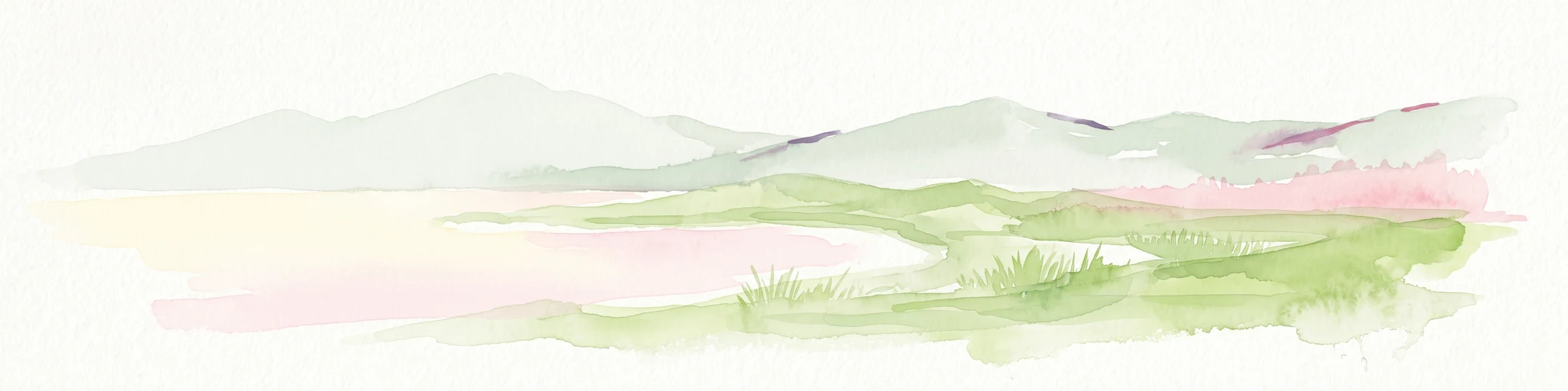 A watercolor illustration of a landscape with soft green hills and a pinkish water area, set against a plain white background.