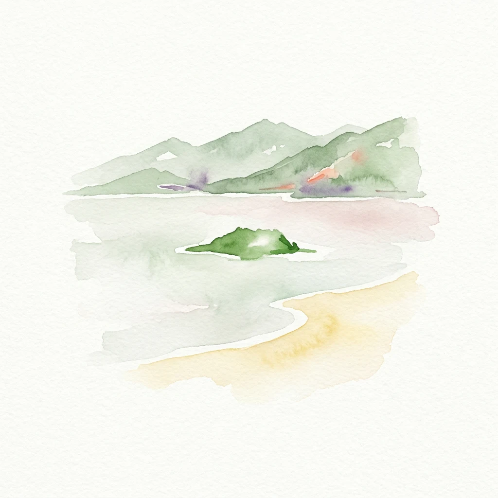 Pintura de acuarela de un lago con una pequeña isla, playa de arena y cordillera al fondo