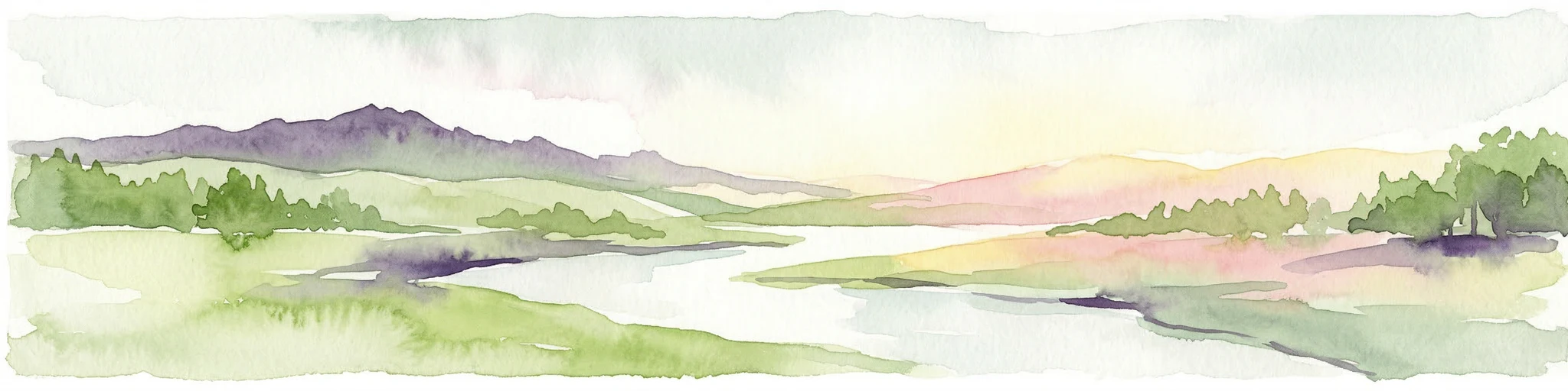 Pintura de acuarela de un río que fluye a través de un valle con montañas y vegetación