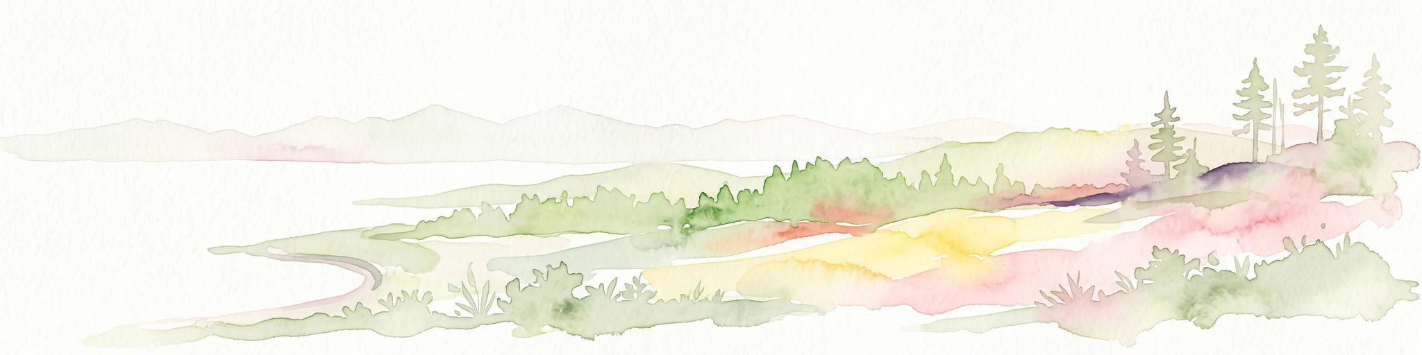 Soft watercolor painting of a lakeshore with rolling hills, coniferous trees, and a distant mountain horizon.